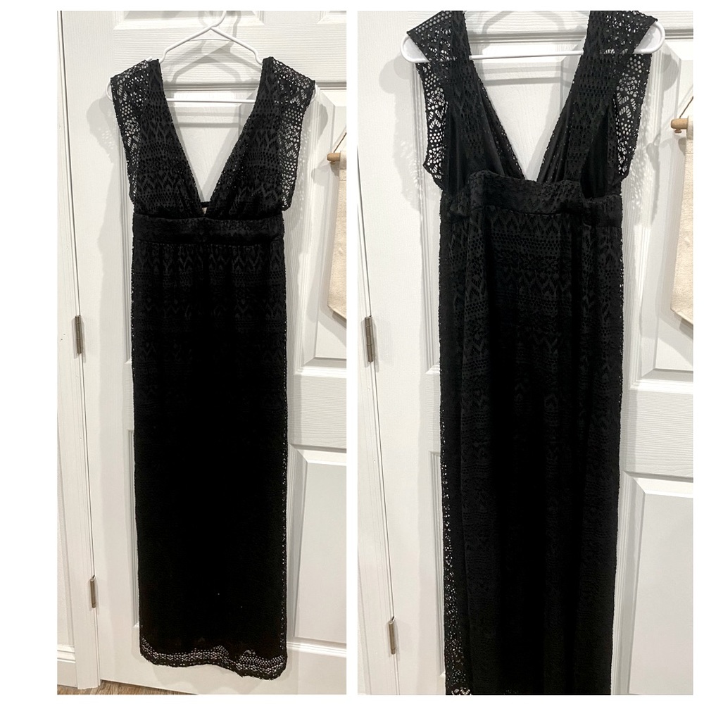 Lovestitch Long Black Lace Plunge V neck Dress, L